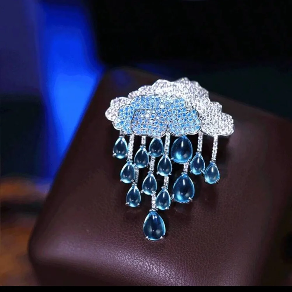 Elegant Blue and Silver Cloud Brooch, Rain Cloud Brooch